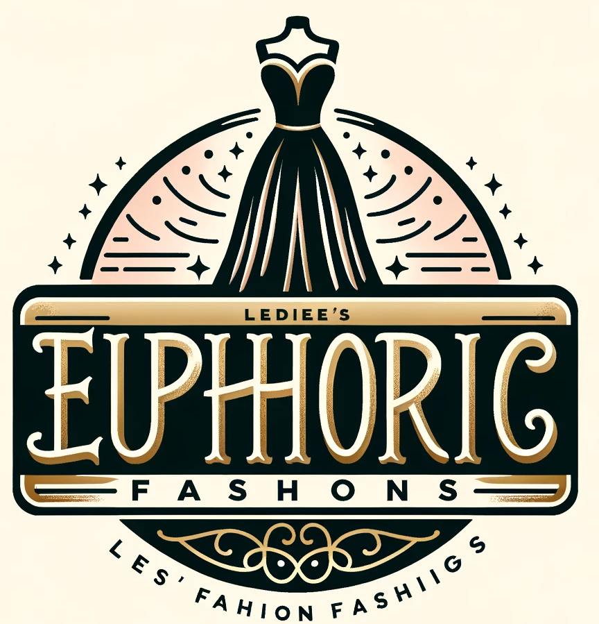 Logo featuring the words "Euphoric Fashions" in elegant black and gold lettering, with a silhouette of a stylish dress in pastel pink, on a clean white background.